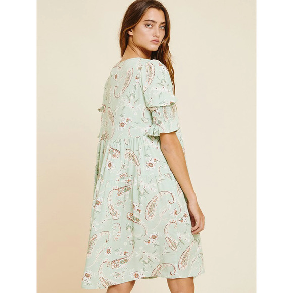 Sage Green Paisley Print Puff Sleeve Dress M - Picture 3 of 4